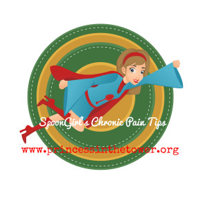 Illustration of a superhero-like woman in a blue and red outfit flying with a stitched circle design background. Text reads "SpoonGirl's Chronic Pain Tips: Coping Strategies for Chronic Pain" and includes a website link.