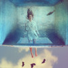 A woman floats underwater in a blue room with a fish. Below, three birds pull strings attached to her feet against a sky backdrop, symbolizing the struggle of coping with anxiety and chronic pain.
